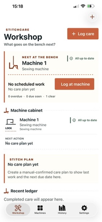 StitchCare Workshop showing Machine 1, the next-at-the-bench panel, machine cabinet, stitch plan and recent ledger.