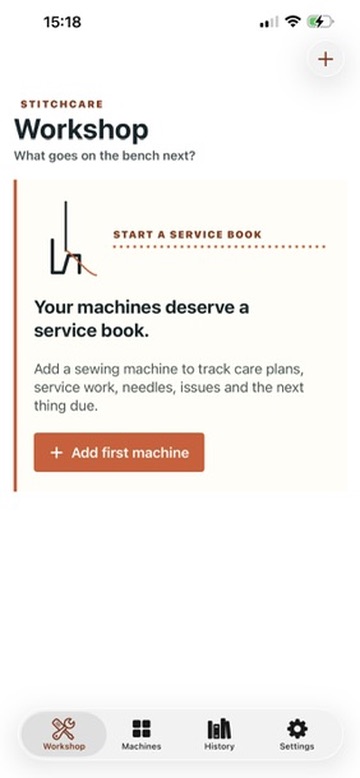 Empty StitchCare Workshop inviting the user to add a first sewing machine and start a private service book.