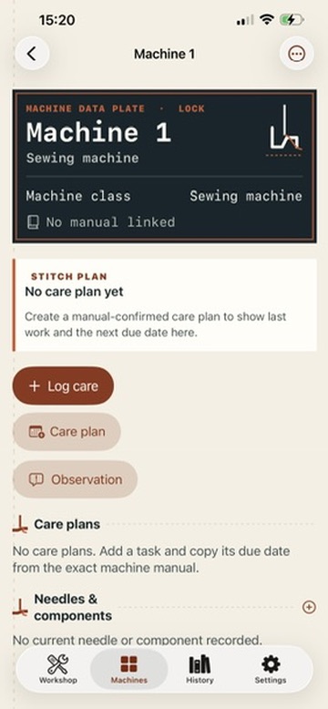 Machine 1 service book showing its machine data plate, stitch plan and care controls.