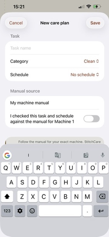 StitchCare New care plan form with category, schedule, manual source and exact-manual confirmation.