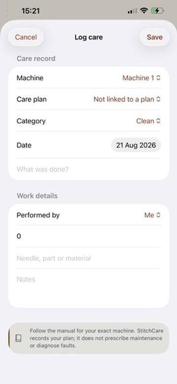 StitchCare Log care form for recording a machine, care plan, category, date, performer, parts and notes.