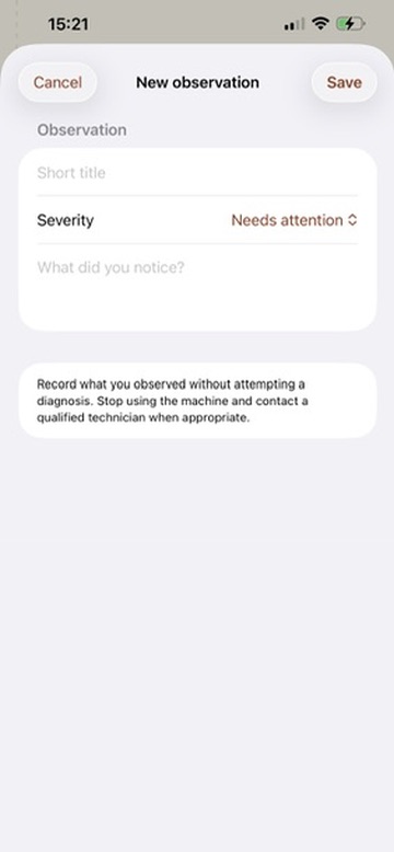 StitchCare New observation form with severity and observation fields plus non-diagnostic safety guidance.