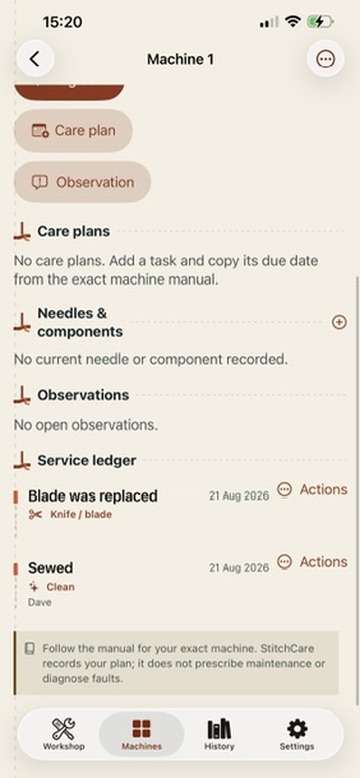 Machine 1 service book showing care plans, components, observations and two service ledger records.