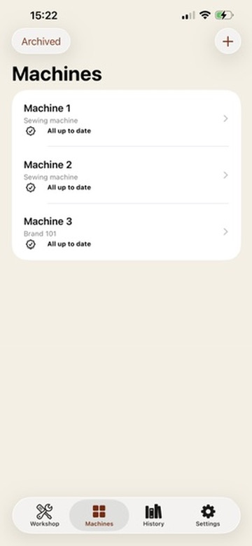 StitchCare Machines screen listing three machines with all-up-to-date status.