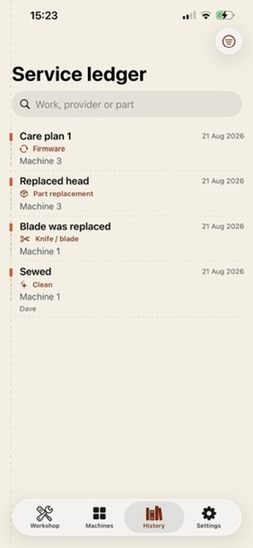 StitchCare Service ledger showing four dated maintenance records across two sewing machines.